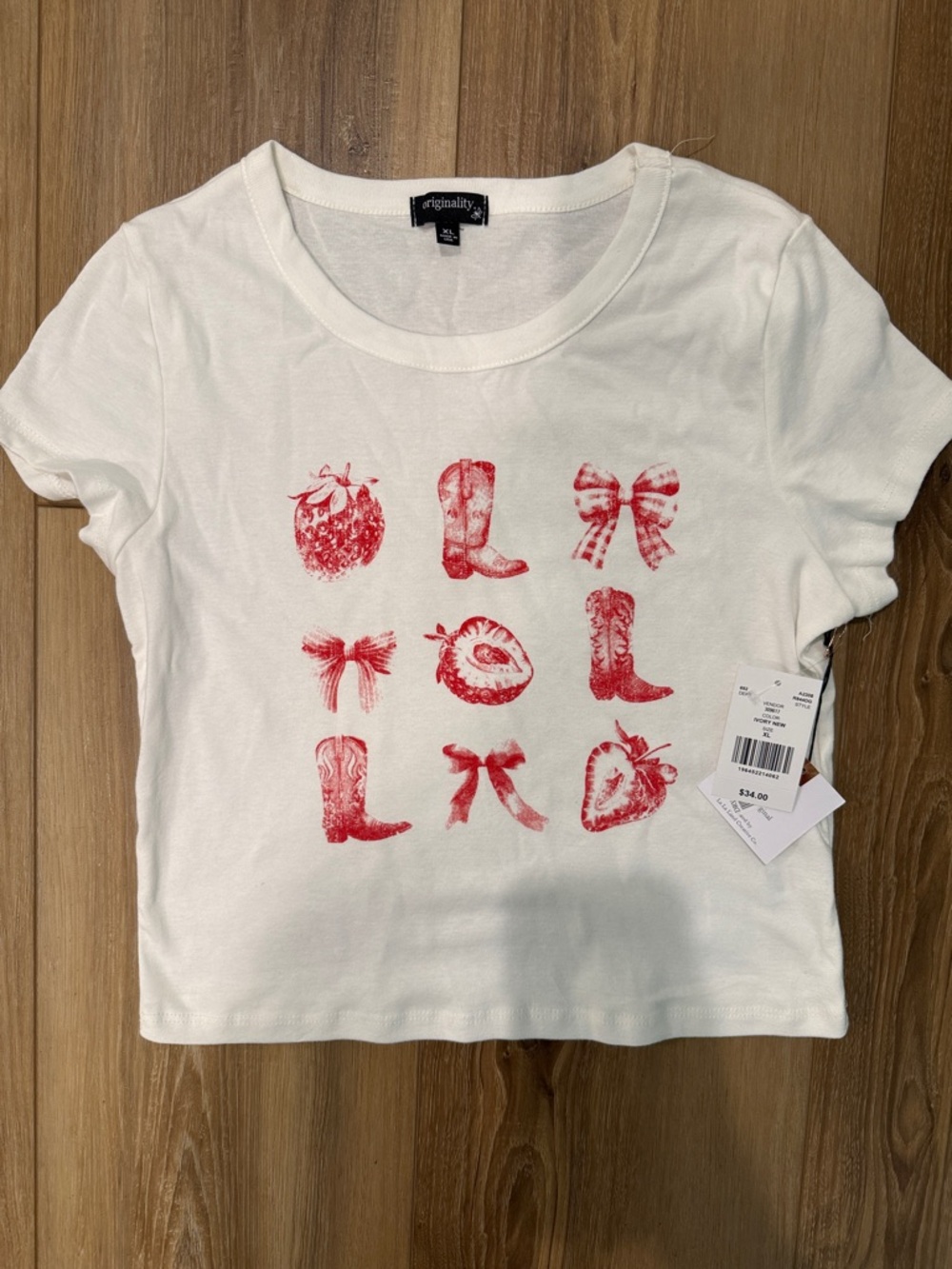White Short Sleeve Tee with Red Graphic Motifs